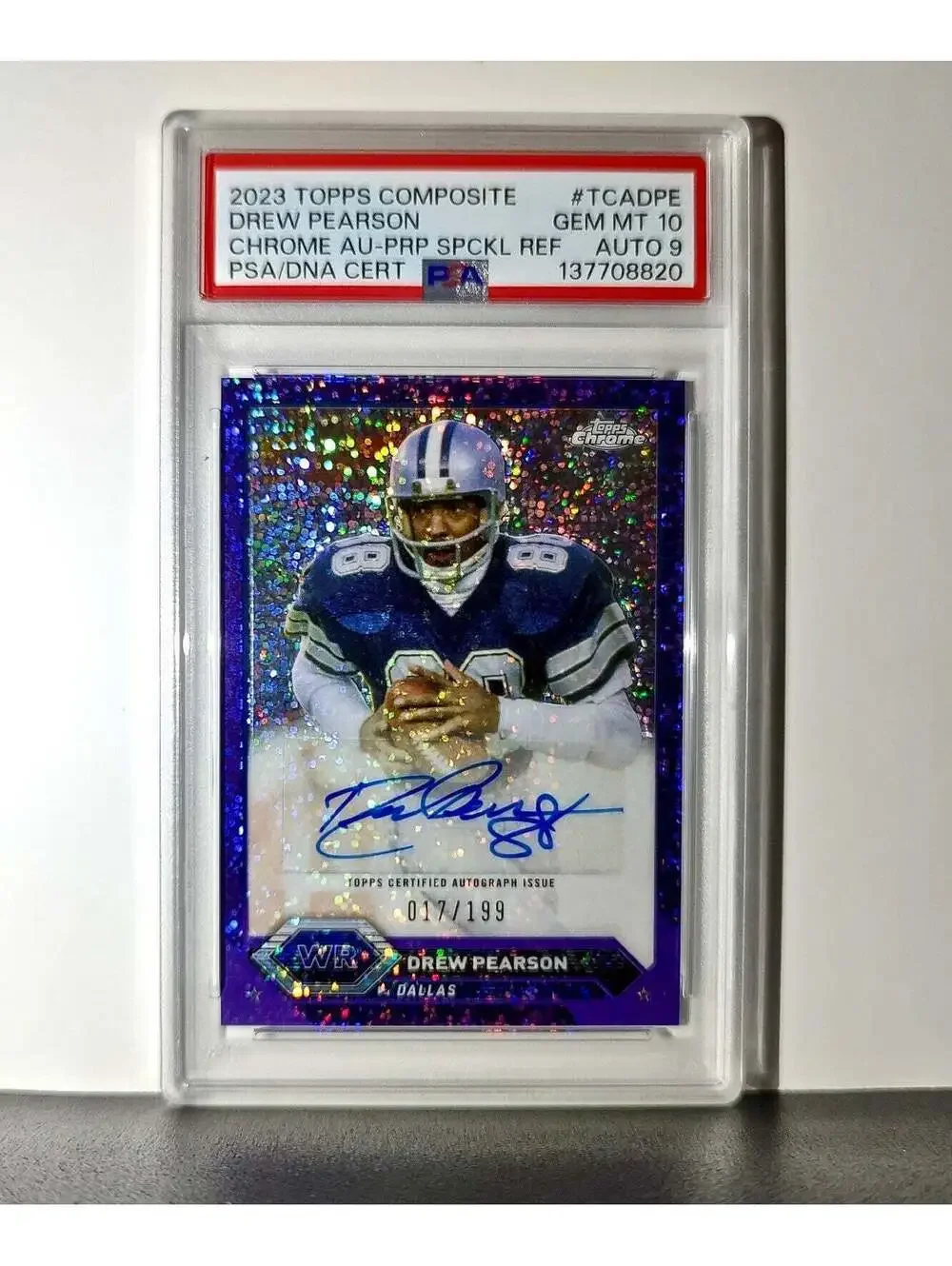 Drew Pearson 2023 Topps #TCA-DPE Chrome Purple Speckle 19/199 PSA 10 Auto 9